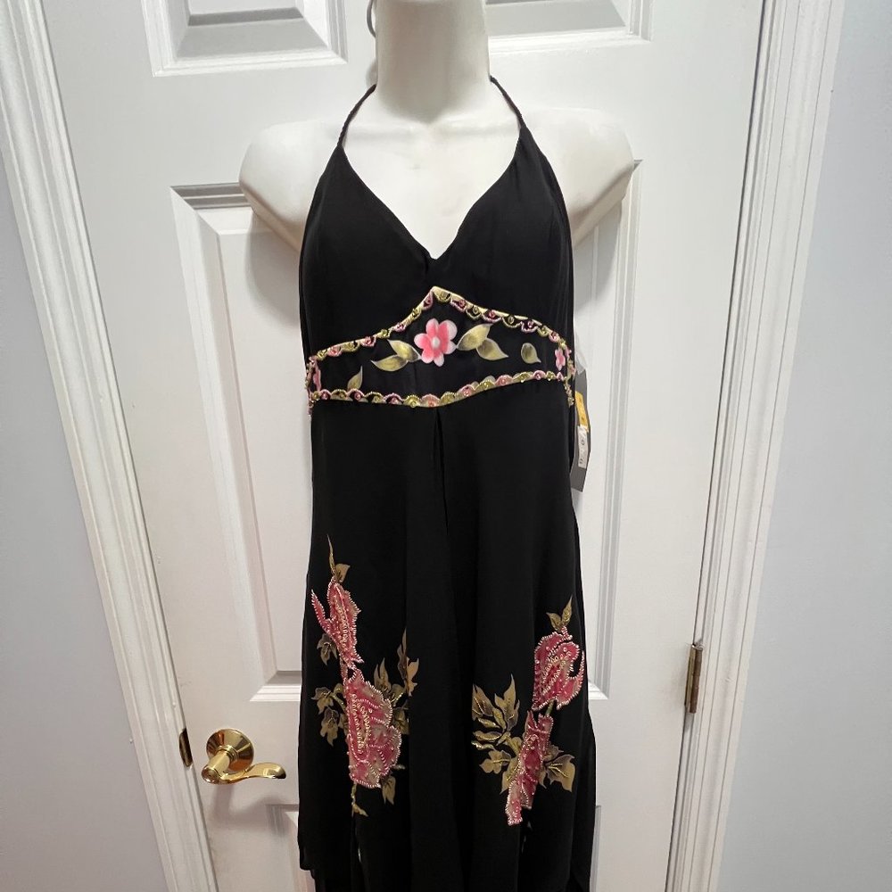 Sue Wong Black Silk hand embroidered beaded sequins Dress Midi Flare NWT sz 12 - Picture 9 of 11